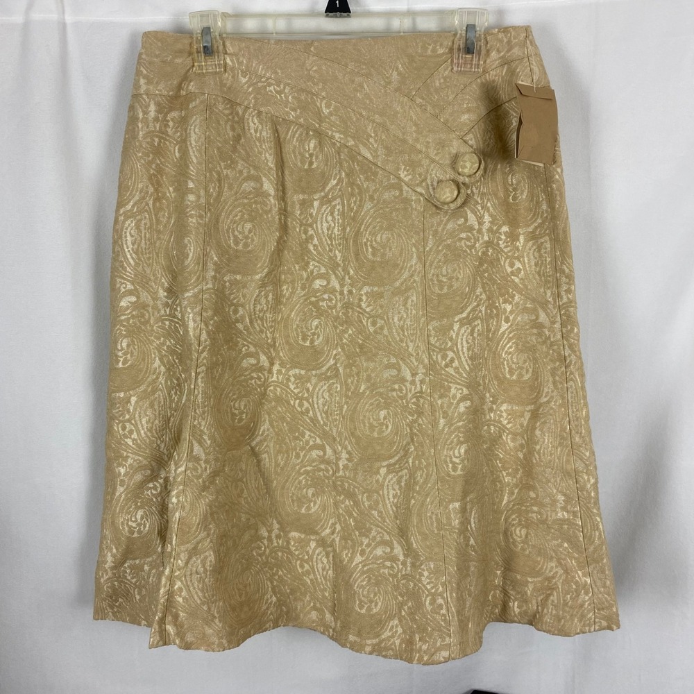 Coldwater Creek Gold Paisley Jacquard A-Line Skirt Crossover‎ Waistbands Tan